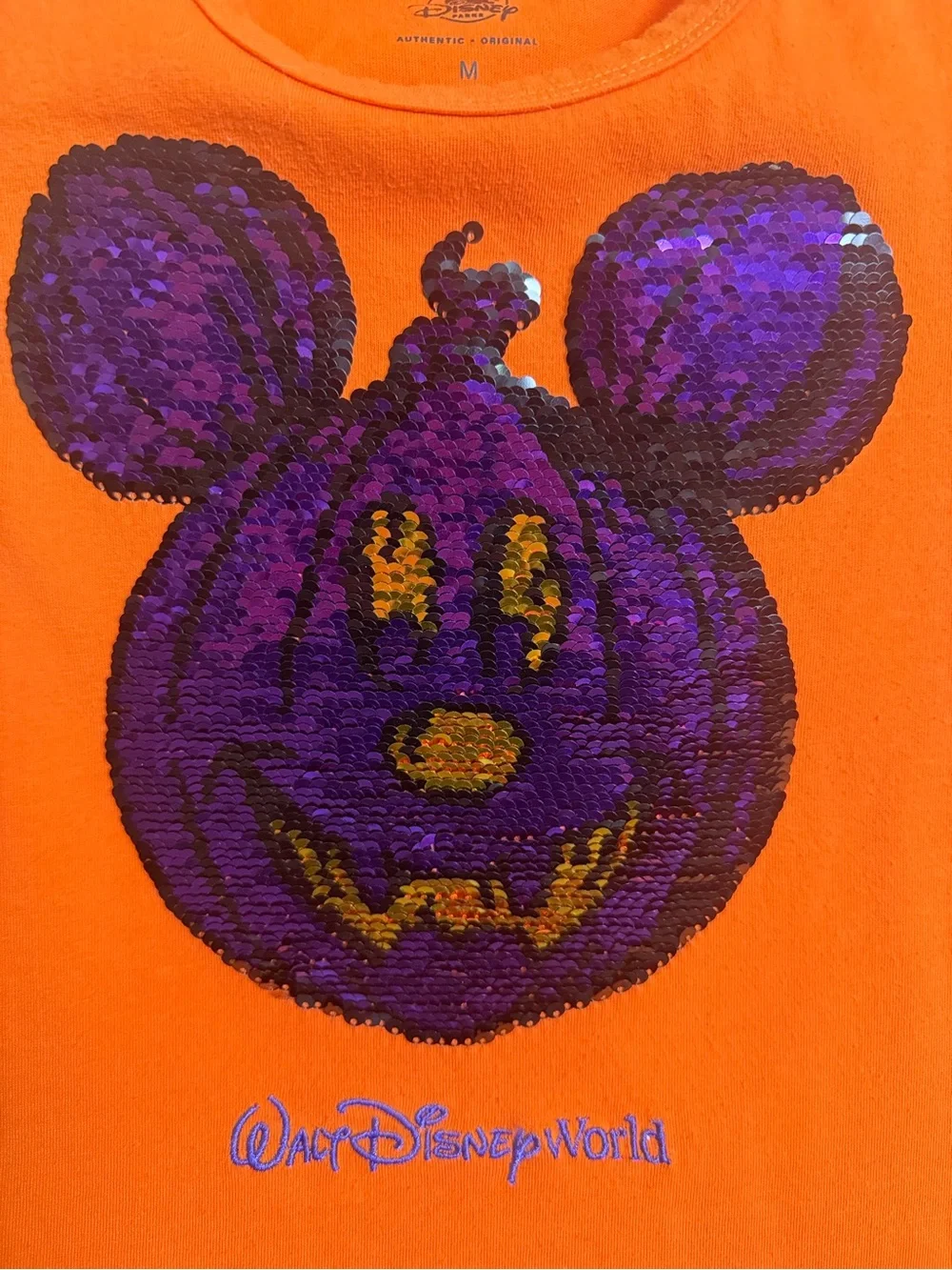 Disney Parks Walt Disney World Mickey Mouse Pumpkin Reversible Sequin T-Shirt